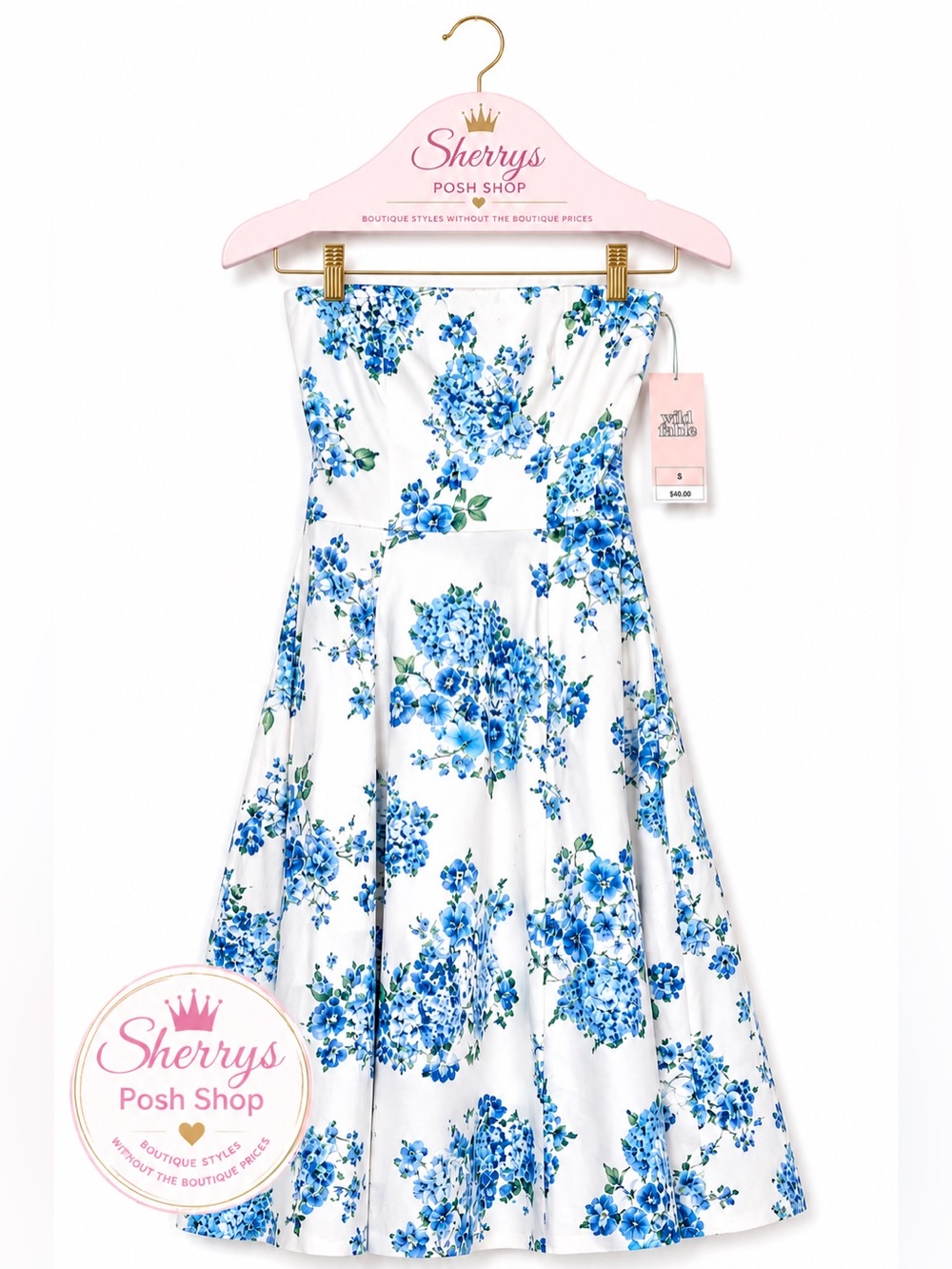 Wild Fable Strapless Floral Midi Dress Size Small Blue White A Line Summer $40
